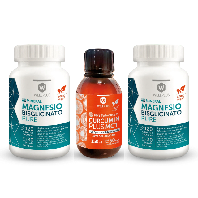 Pack 1 Curcumin Plus MCT 150 ml + 1 Magnesio Bisglicinato Pure 120 cápsulas (x2) Wellplus