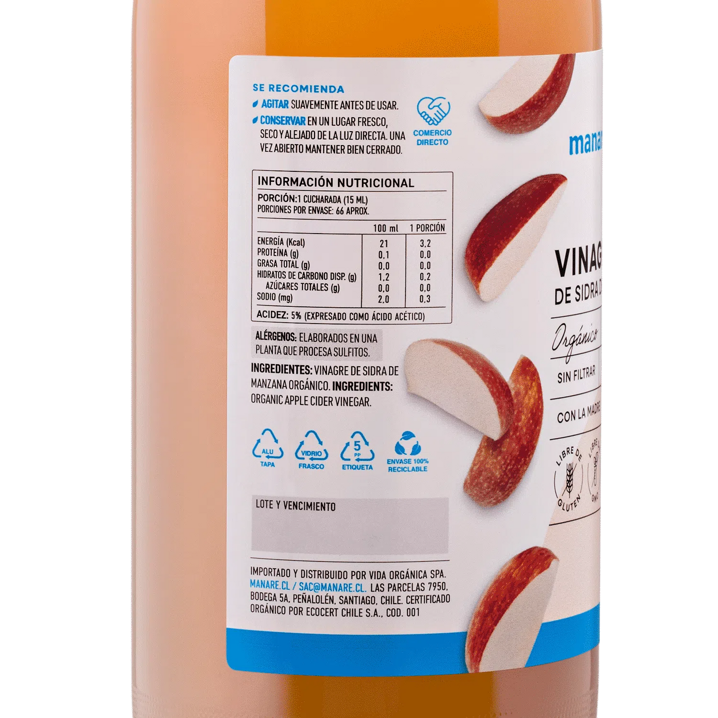 Vinagre de Sidra de Manzana 1 lt Orgánico Manare